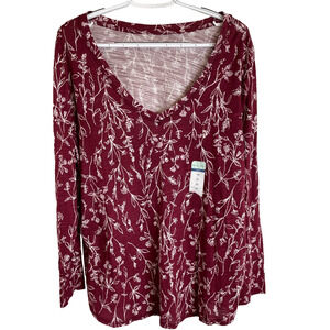 Blue Sol Long Sleeve V-Neck T-SHIRT Tee Size 2X Burgundy White Floral NWT